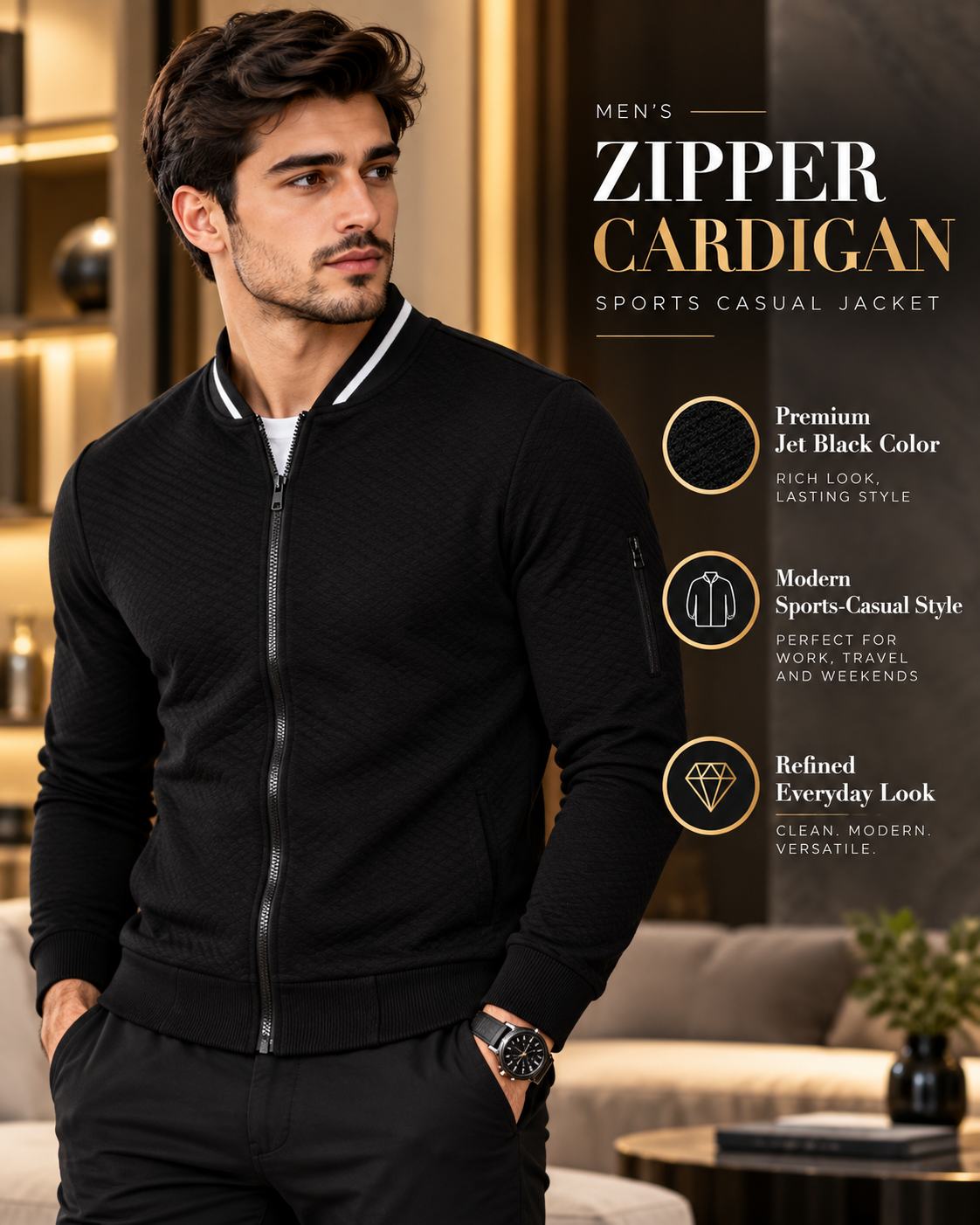 Men’s Premium Jet Black Full-Zip Knitted       36 Sweater