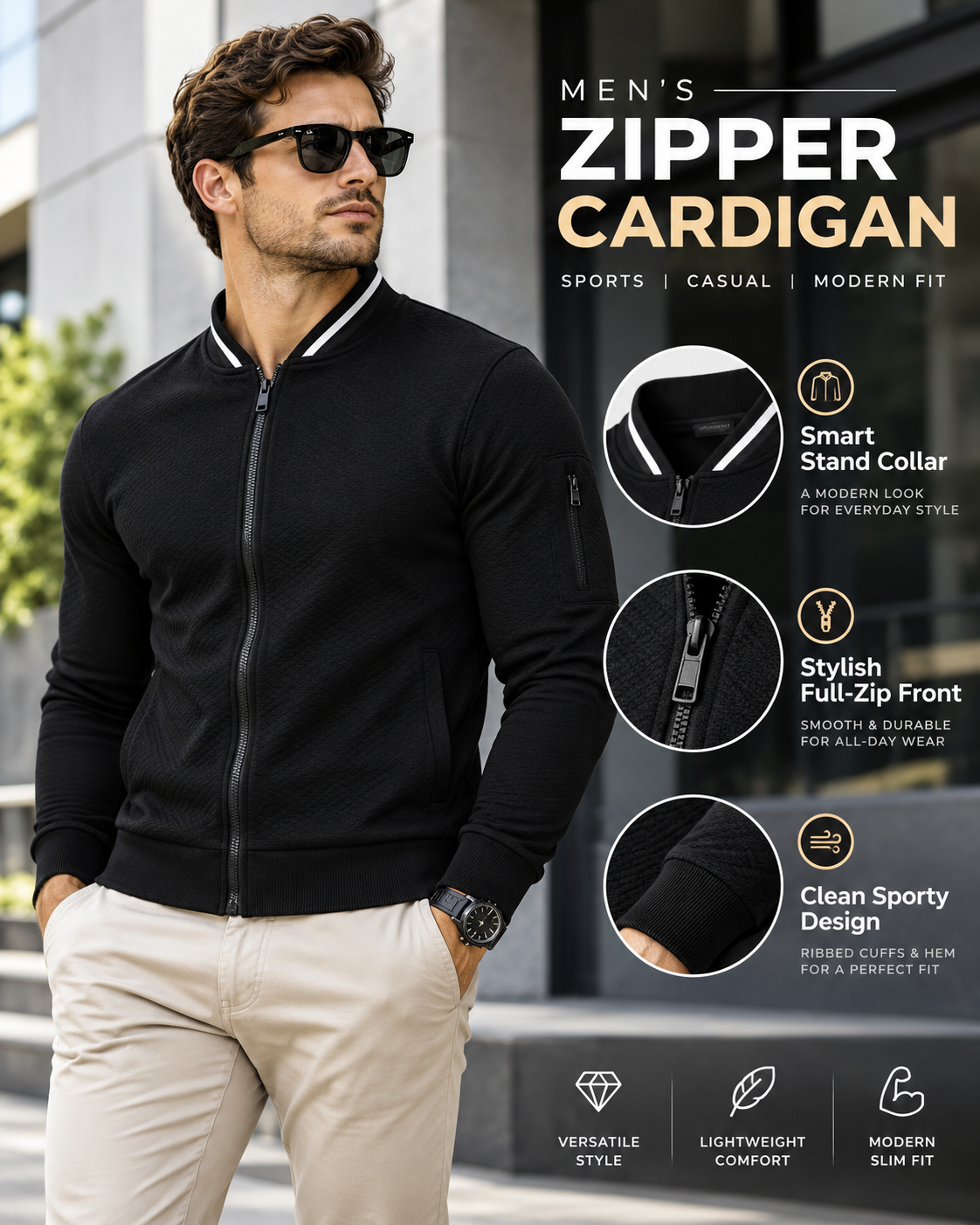 Men’s Premium Jet Black Full-Zip Knitted       36 Sweater