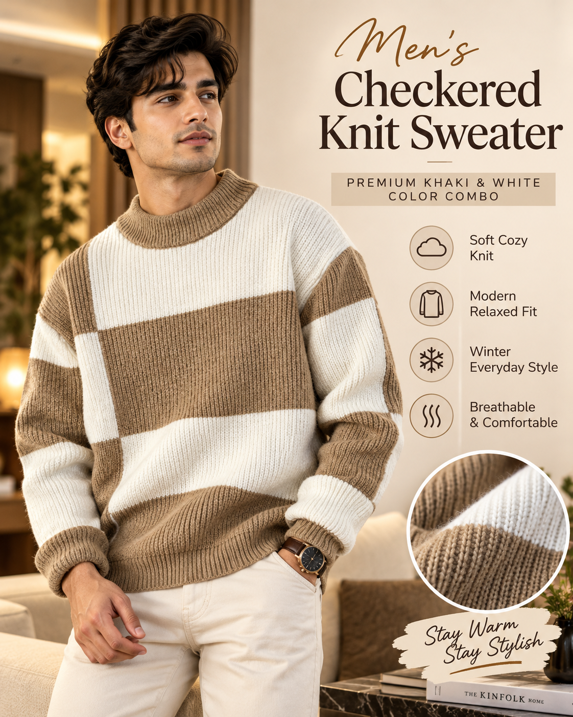 Men’s Premium Khaki Beige & White Color Block Knitted                        37 Sweater