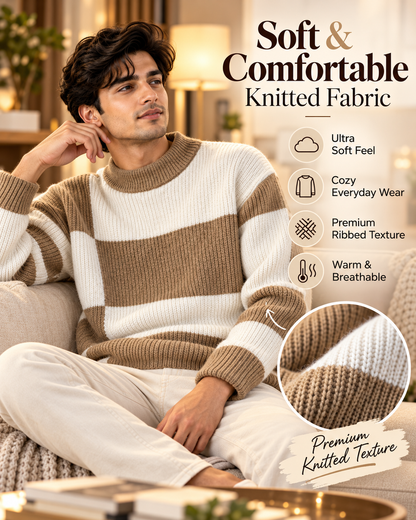 Men’s Premium Khaki Beige & White Color Block Knitted                        37 Sweater