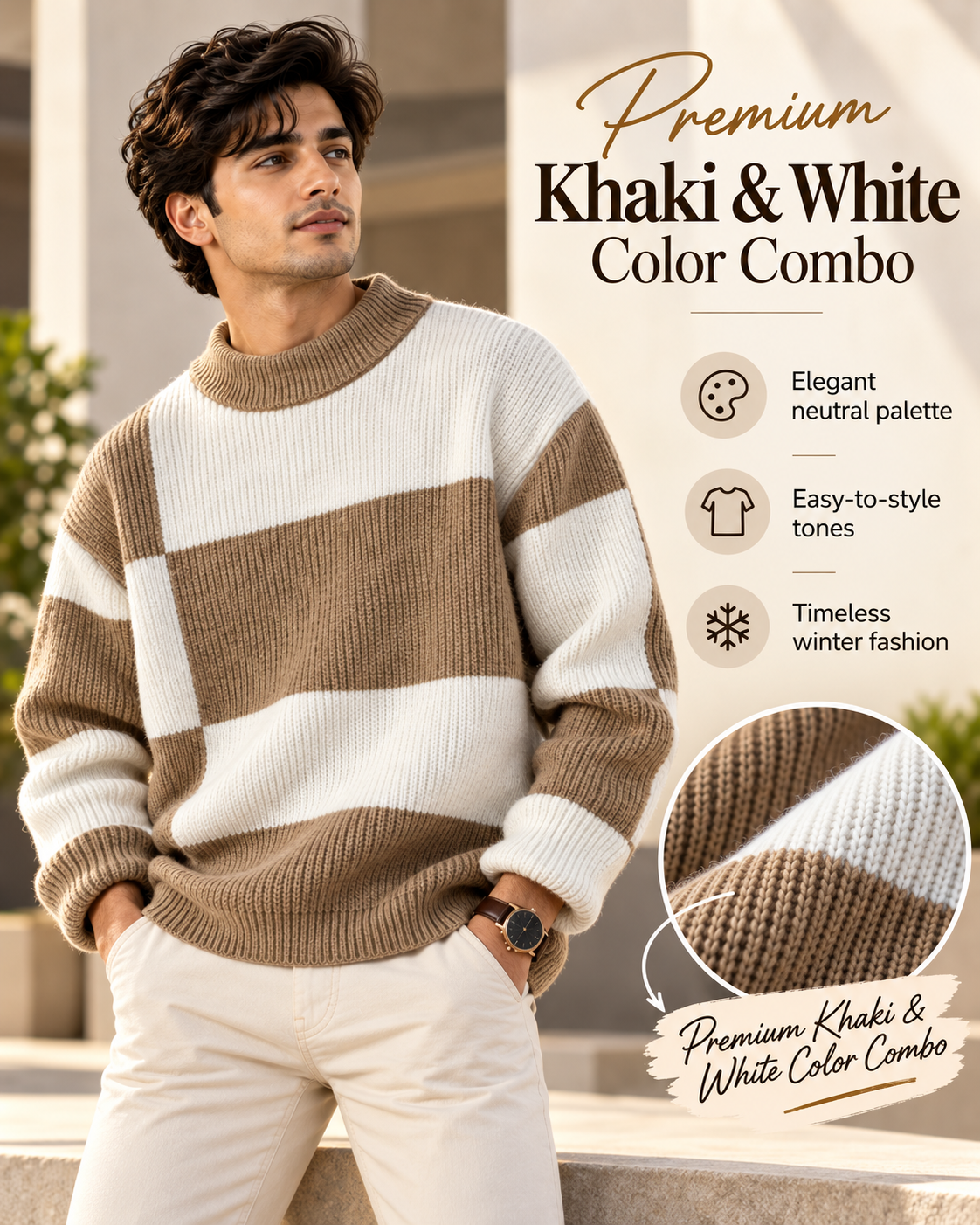 Men’s Premium Khaki Beige & White Color Block Knitted                        37 Sweater