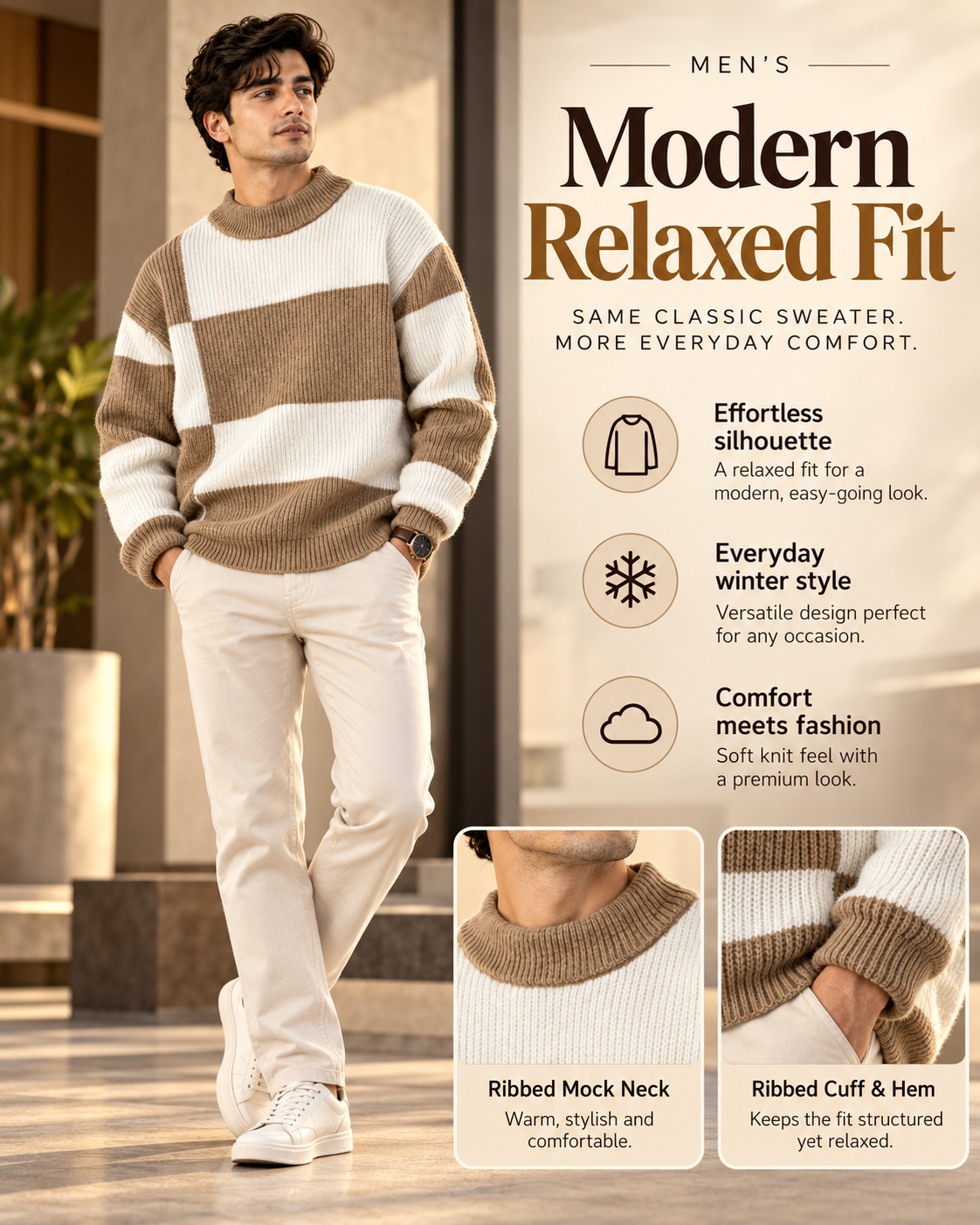 Men’s Premium Khaki Beige & White Color Block Knitted                        37 Sweater