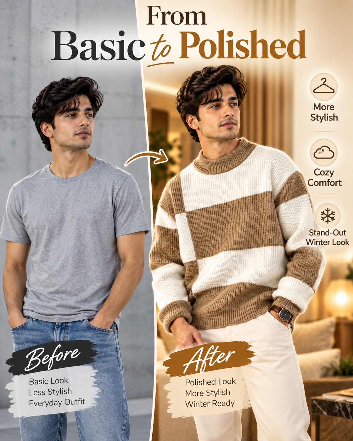 Men’s Premium Khaki Beige & White Color Block Knitted                        37 Sweater