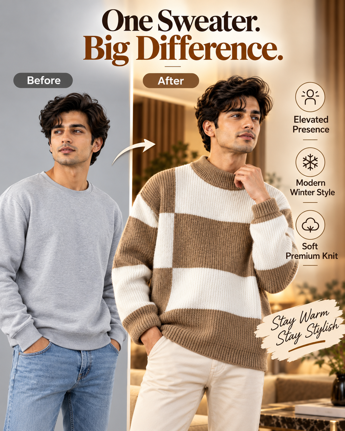 Men’s Premium Khaki Beige & White Color Block Knitted                        37 Sweater
