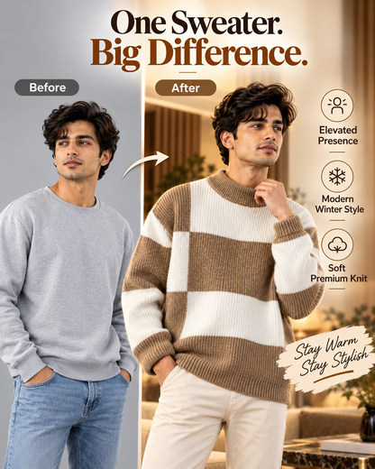 Men’s Premium Khaki Beige & White Color Block Knitted                        37 Sweater