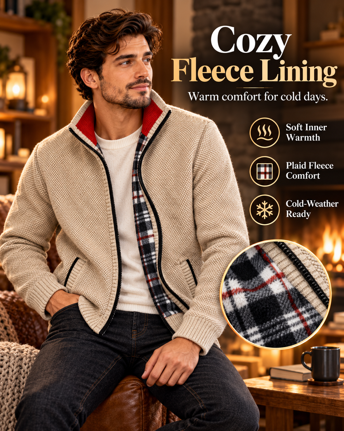 Men’s Premium Beige Fleece-Lined Knitted            29 Sweater