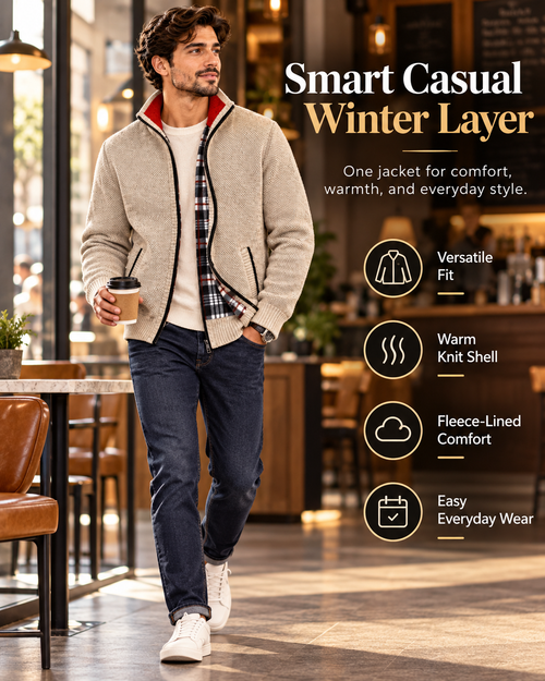 Men’s Premium Beige Fleece-Lined Knitted            29 Sweater