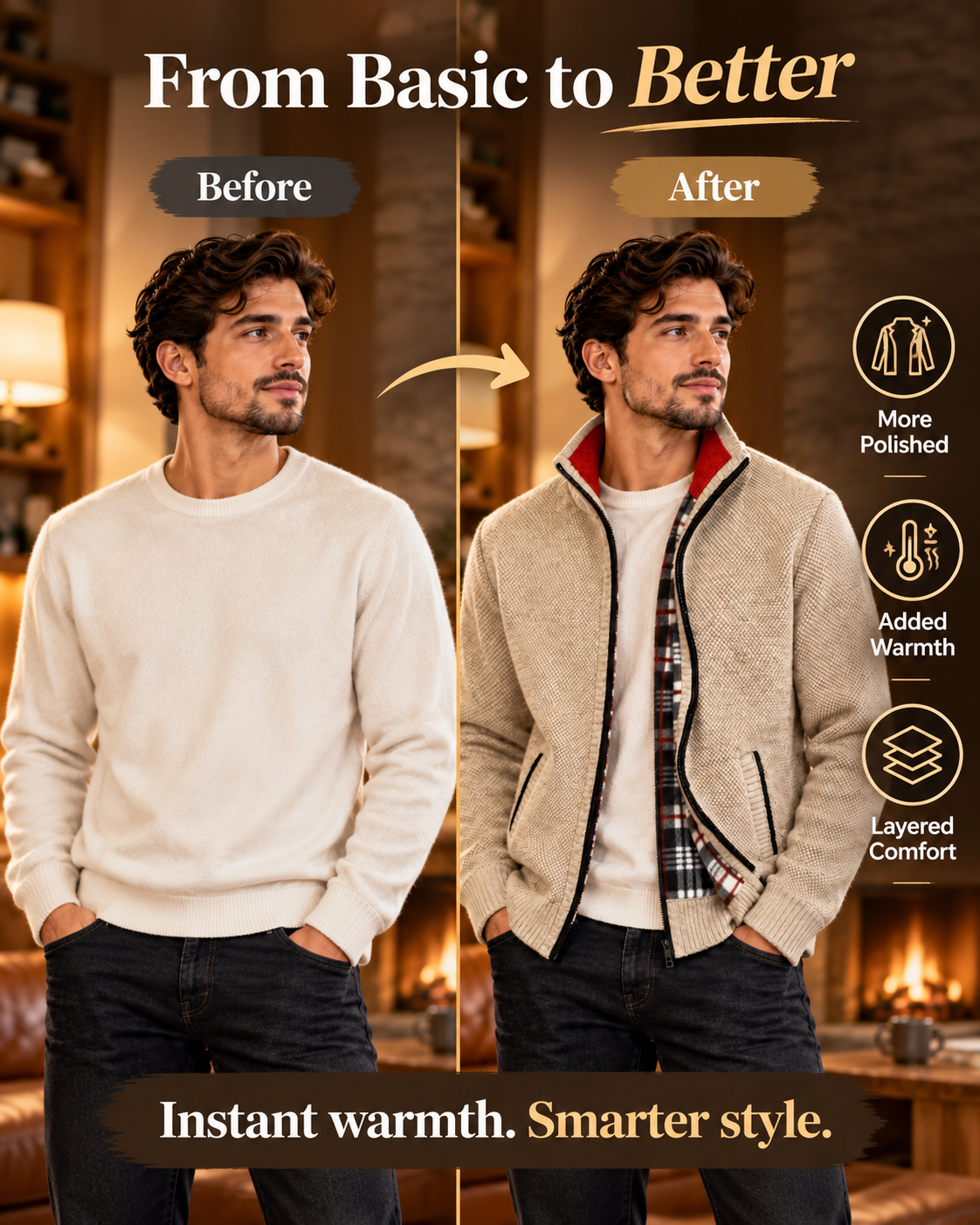 Men’s Premium Beige Fleece-Lined Knitted            29 Sweater
