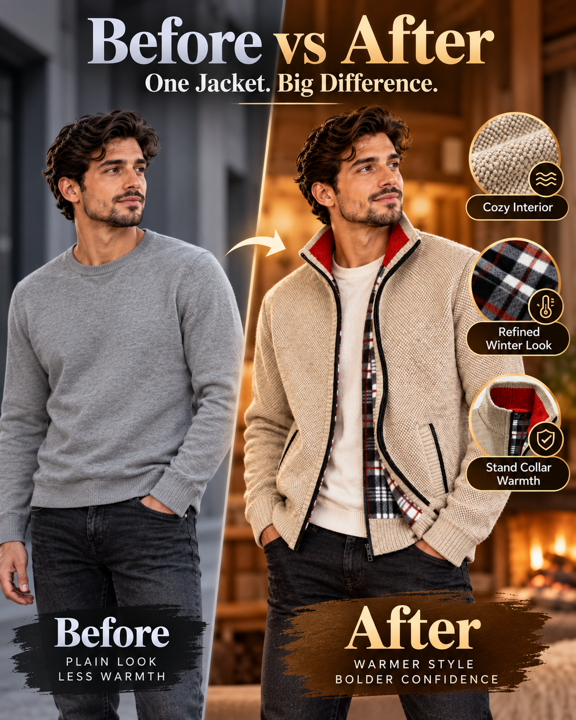Men’s Premium Beige Fleece-Lined Knitted            29 Sweater