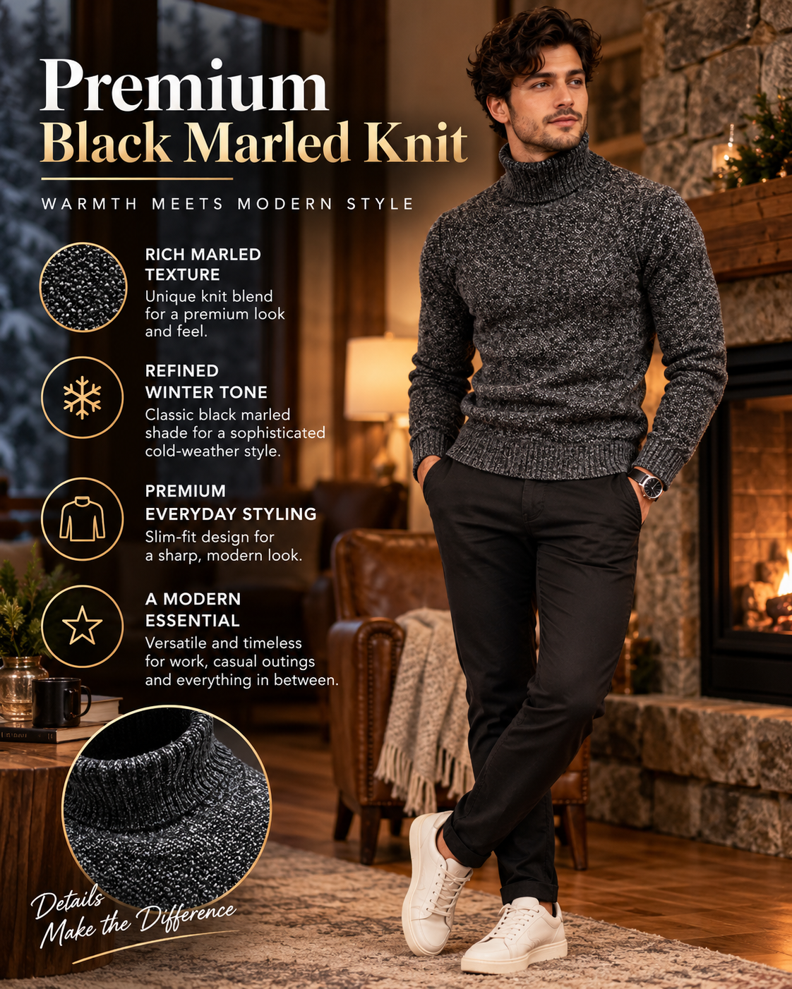 Men’s Premium Charcoal Grey Slim Fit Turtleneck           30 Sweater