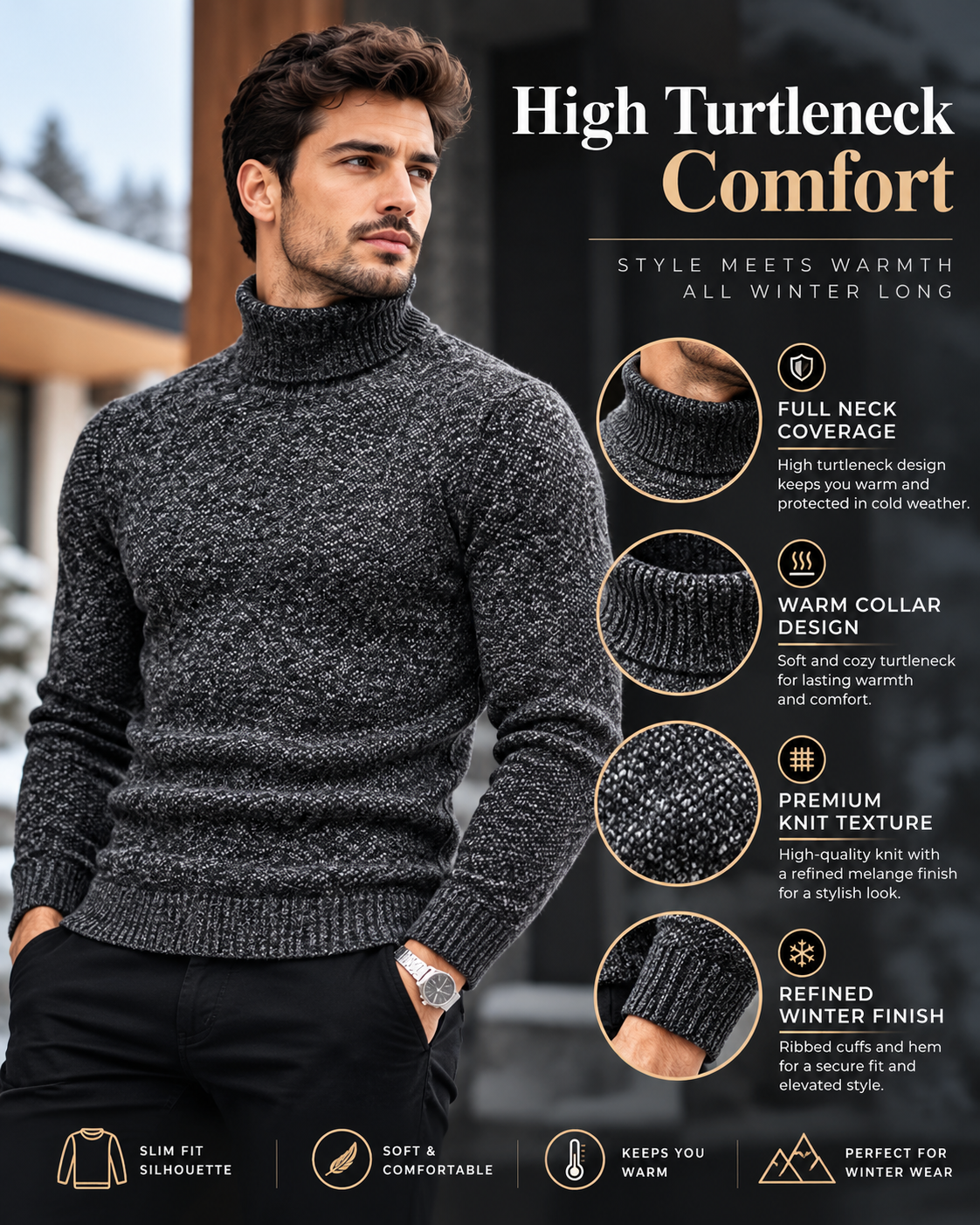 Men’s Premium Charcoal Grey Slim Fit Turtleneck           30 Sweater
