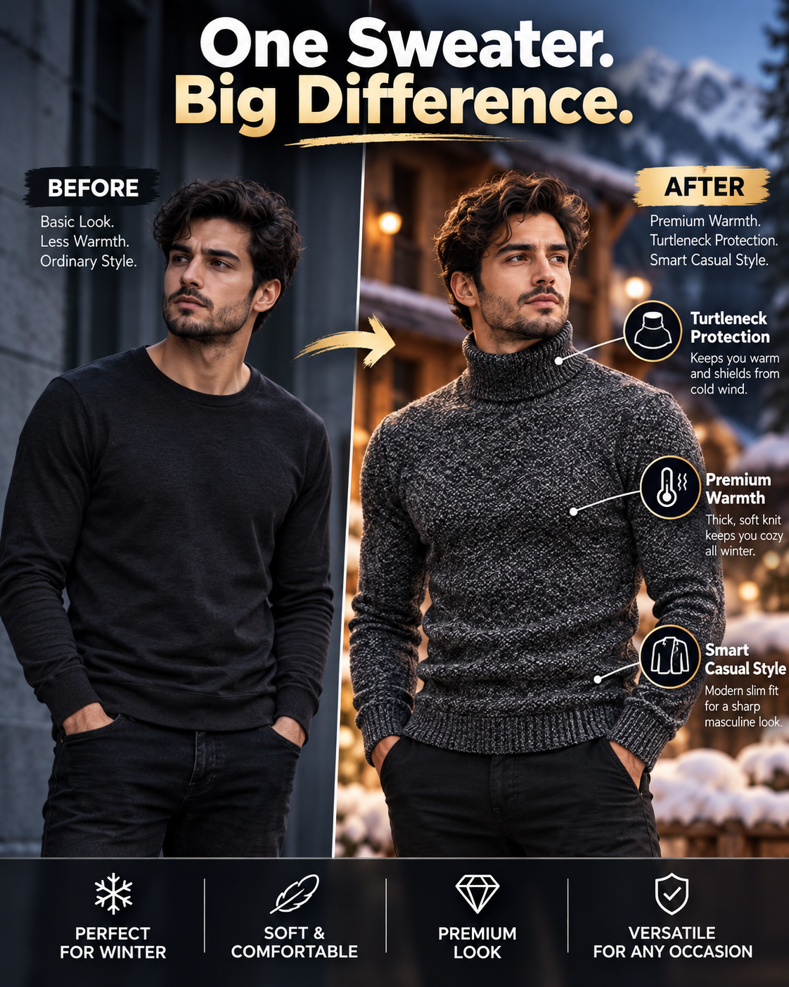 Men’s Premium Charcoal Grey Slim Fit Turtleneck           30 Sweater