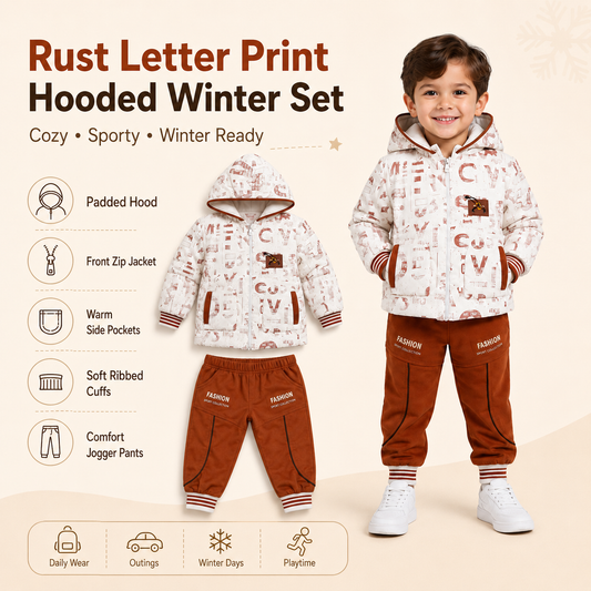 Rust Letter Print Hooded Winter Set 🤎❄️