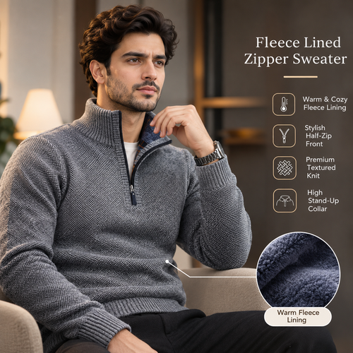 Men’s Premium Grey Fleece-Lined Half-Zip Knitted              34 Sweater