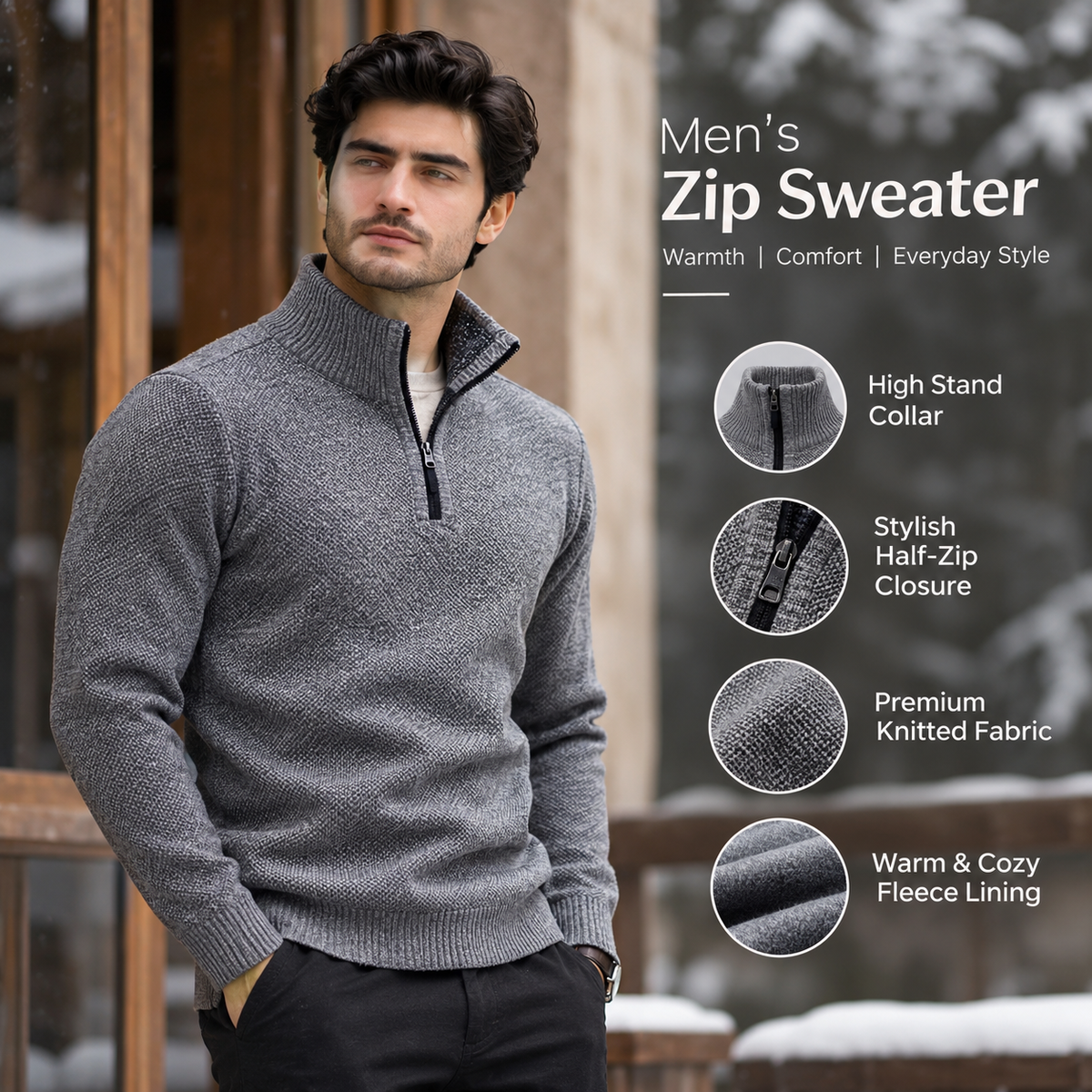 Men’s Premium Grey Fleece-Lined Half-Zip Knitted              34 Sweater