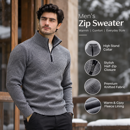 Men’s Premium Grey Fleece-Lined Half-Zip Knitted              34 Sweater