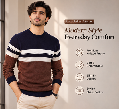 Men’s Premium Navy Blue & Brown Striped Crew Neck              35  Sweater