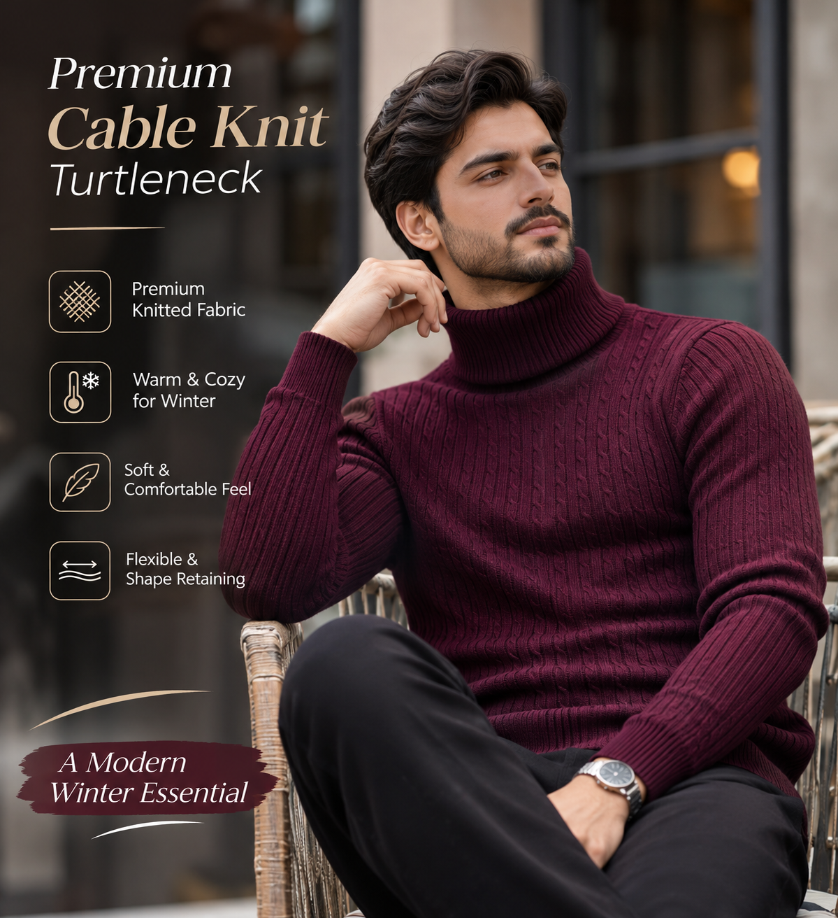 RoyalVogue™ Premium Cable Knit Turtleneck           14  Sweater