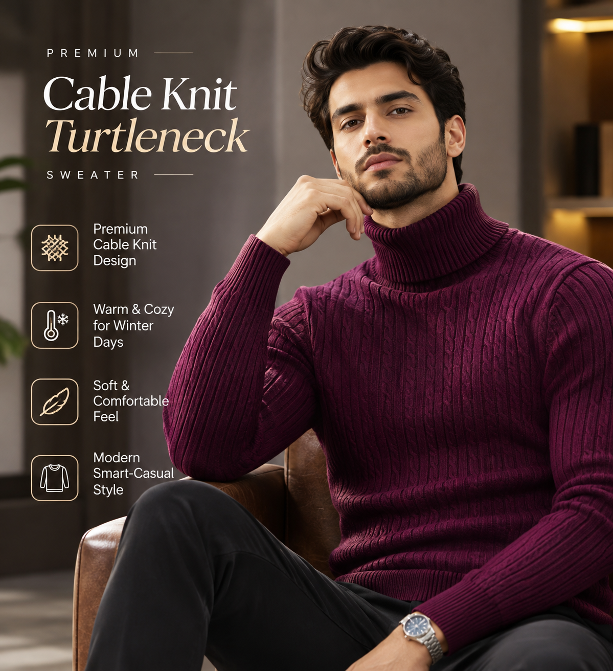 RoyalVogue™ Premium Cable Knit Turtleneck           14  Sweater