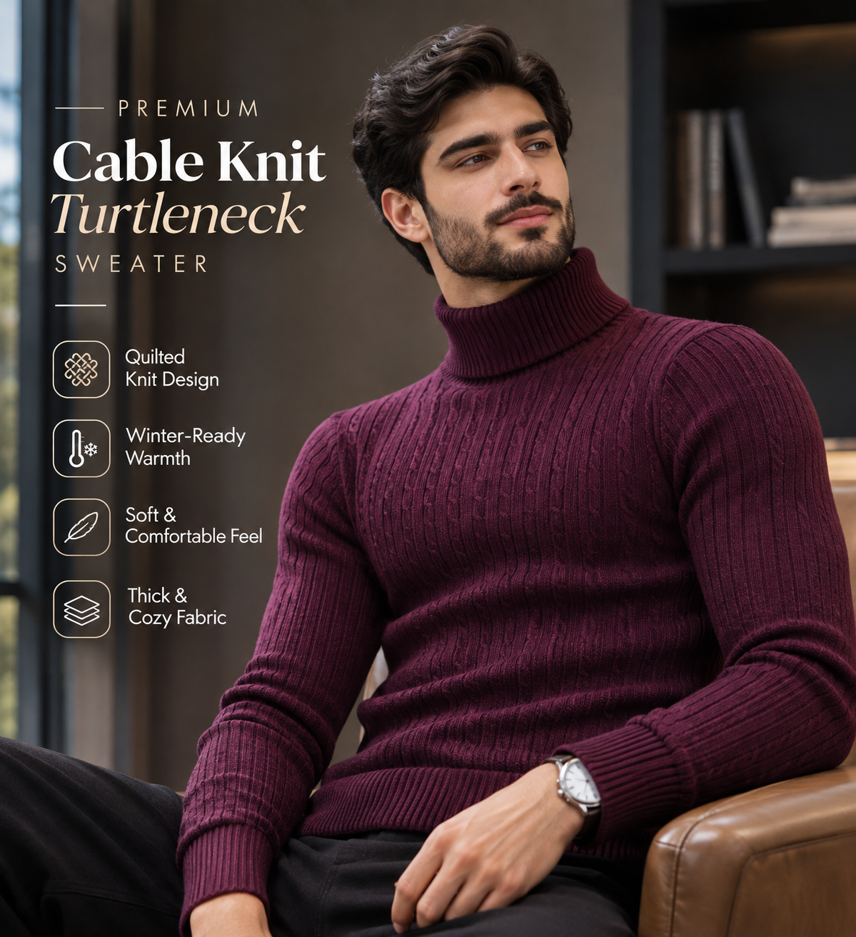 RoyalVogue™ Premium Cable Knit Turtleneck           14  Sweater