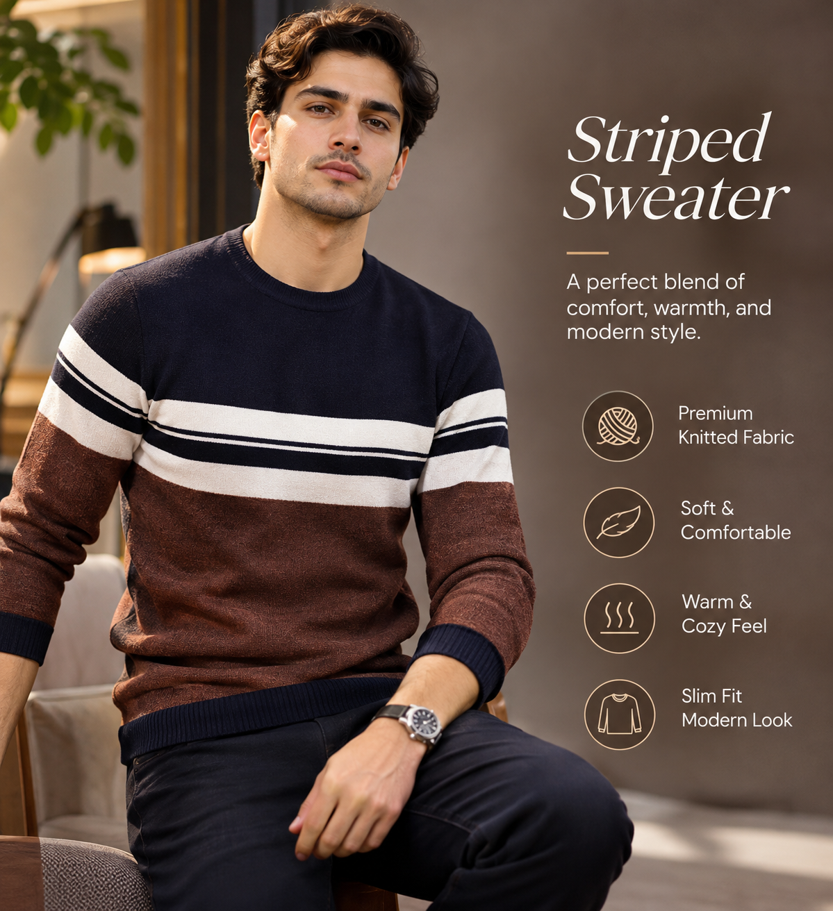Men’s Premium Navy Blue & Brown Striped Crew Neck              35  Sweater