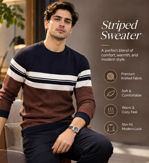 Men’s Premium Navy Blue & Brown Striped Crew Neck              35  Sweater