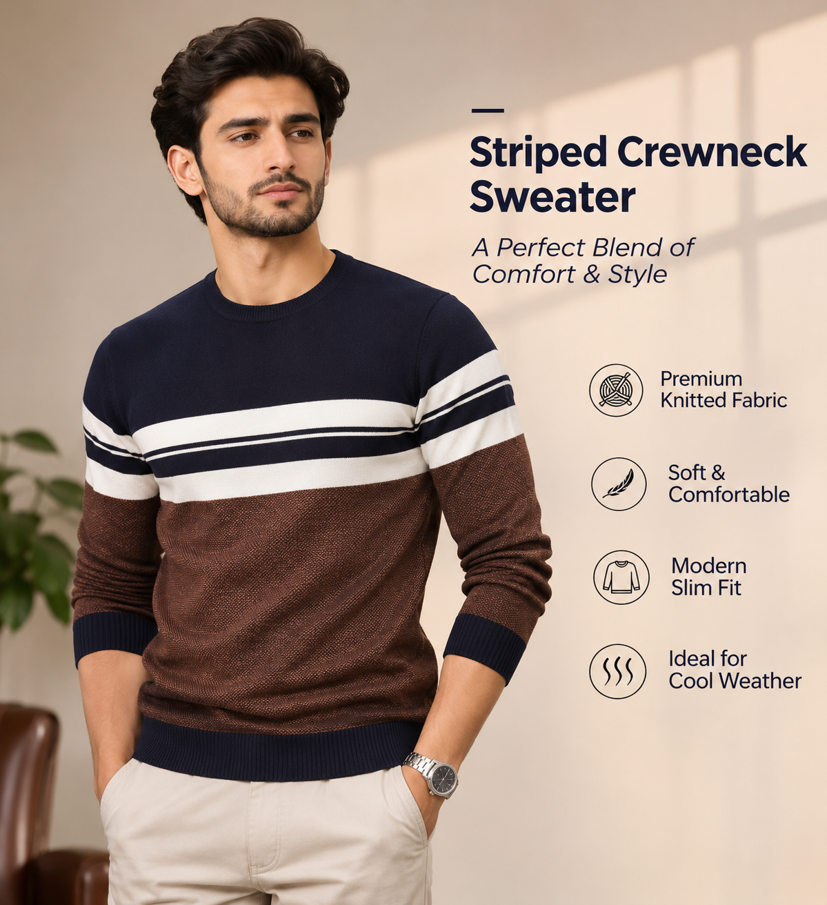 Men’s Premium Navy Blue & Brown Striped Crew Neck              35  Sweater