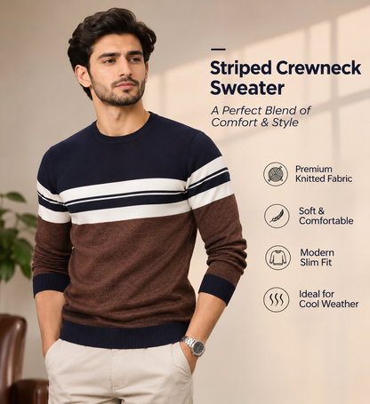 Men’s Premium Navy Blue & Brown Striped Crew Neck              35  Sweater