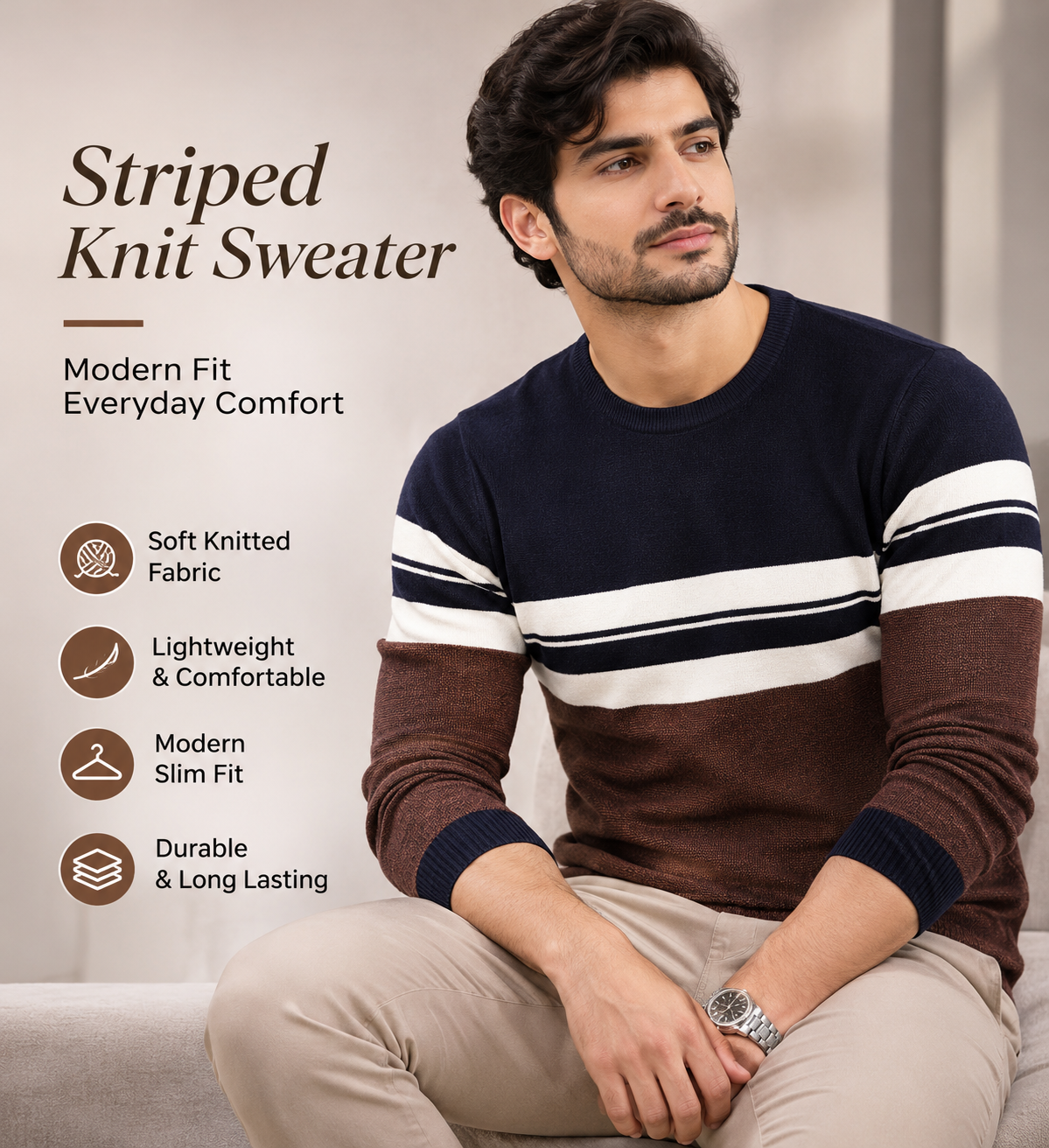 Men’s Premium Navy Blue & Brown Striped Crew Neck              35  Sweater