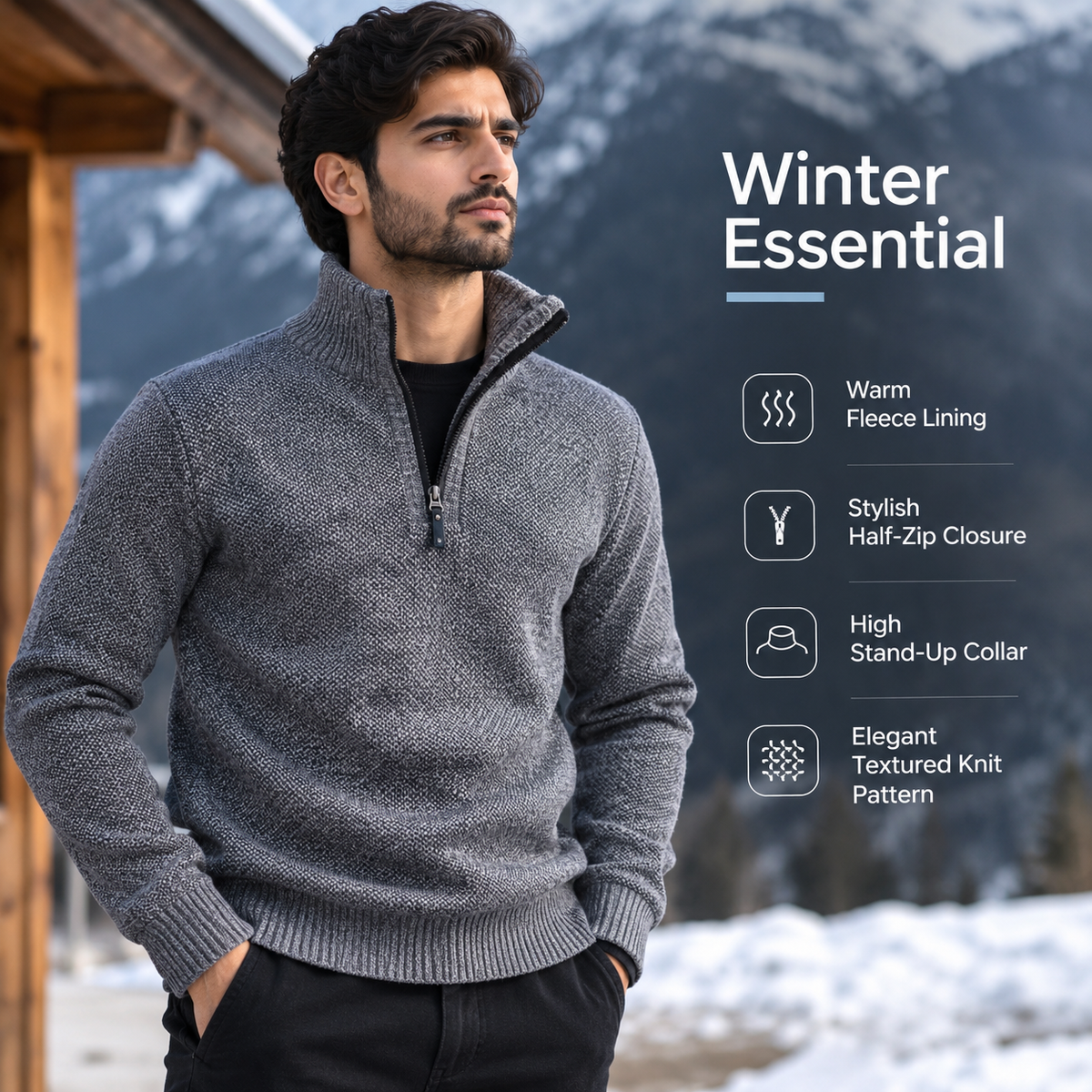 Men’s Premium Grey Fleece-Lined Half-Zip Knitted              34 Sweater