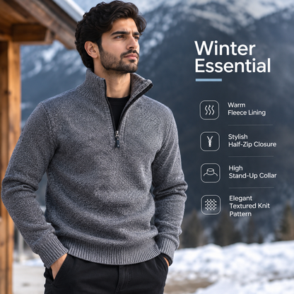 Men’s Premium Grey Fleece-Lined Half-Zip Knitted              34 Sweater