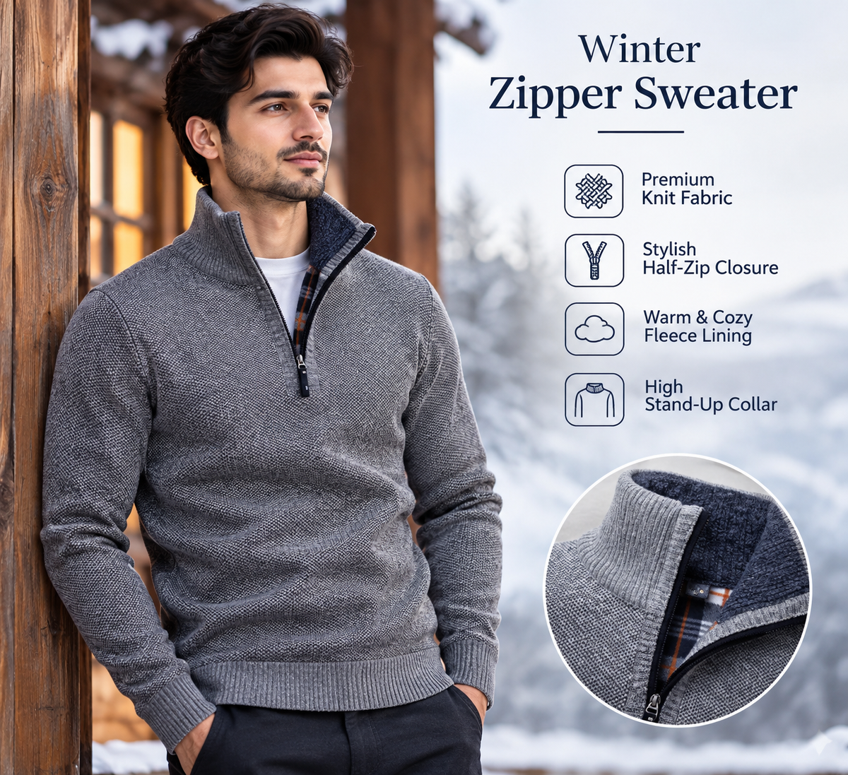 Men’s Premium Grey Fleece-Lined Half-Zip Knitted              34 Sweater