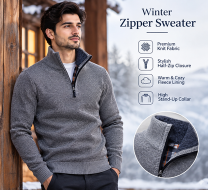 Men’s Premium Grey Fleece-Lined Half-Zip Knitted              34 Sweater